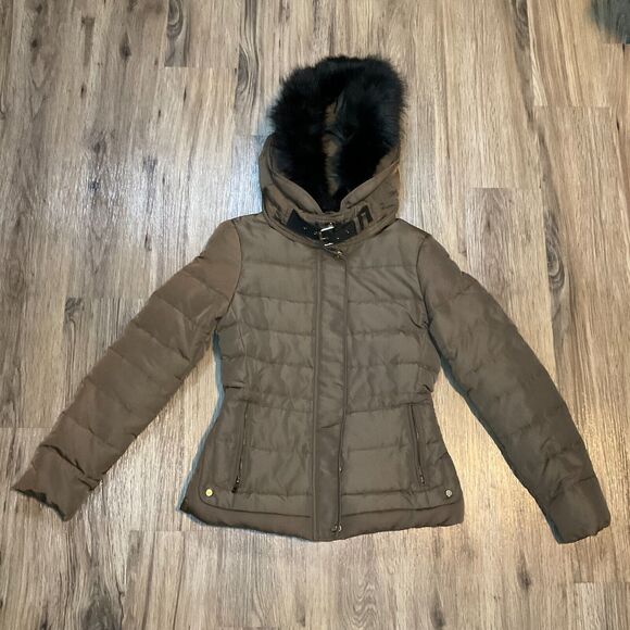 Zara Grey Duck Down Quilted Puffer Jacket Hooded Faux Fur Buckle Size Small‎ - Picture 1 of 11